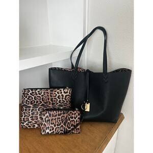 Black & leopard print inside Faux Leather Carry-all slouchy bag + two small bags